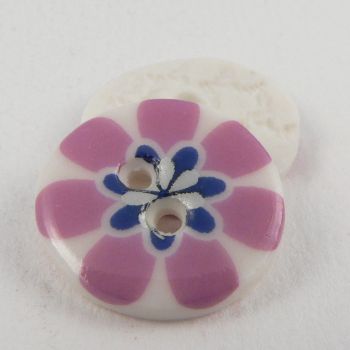 17mm Ceramic Sixties Style Purple Flower 2 Hole Button