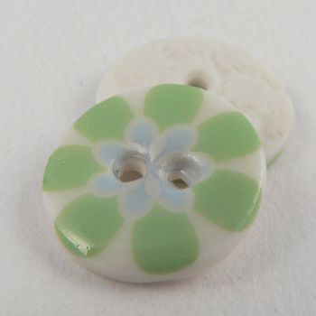 17mm Ceramic Sixties Style Green Flower 2 Hole Button