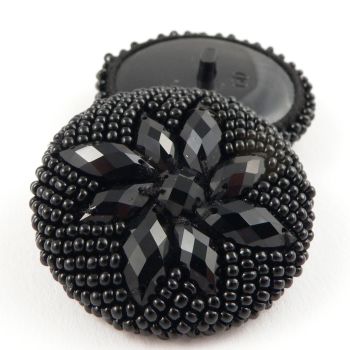32mm Black Handmade Beaded & Crystal Floral Shank Button