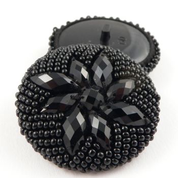 36mm Black Handmade Beaded & Crystal Floral Shank Button