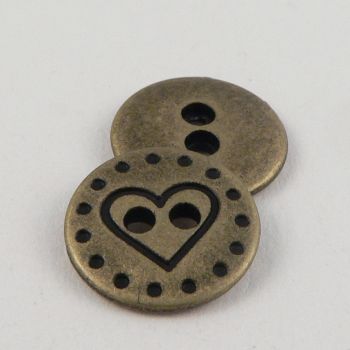 14mm Gold Round Heart Metal 2 Hole Button