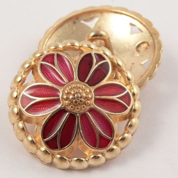 23mm Metal Gold and Red Flower Shank Button