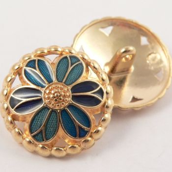 23mm Metal Gold and Blue Flower Shank Button