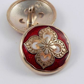 20mm Gold Metal & Ruby Enamel Flower Shank Button