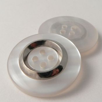 25mm Pearlised MOP Effect 4 Hole Coat Button With A Silver Ring