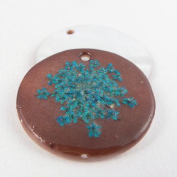 30mm Brown River Shell 1 Hole Button With Blue Flowers