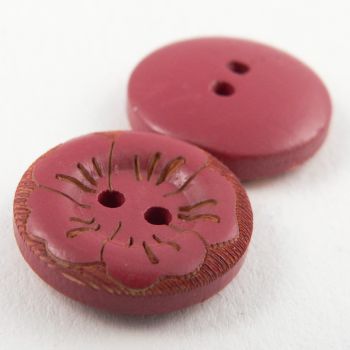 17mm Round Burgundy Wood Flower 2 Hole Button