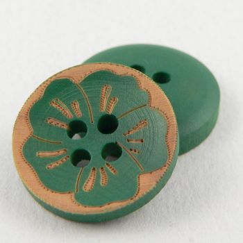 17mm Round Jade Green Wood Flower 2 Hole Button