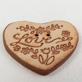 34mm Wooden Floral Heart 'LOVE' 2 Hole Button