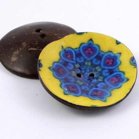 50mm Ornate Blue & Yellow 2 Hole Coconut Button