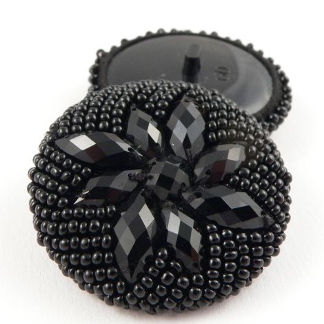 32mm Black Handmade Beaded & Crystal Floral Shank Button