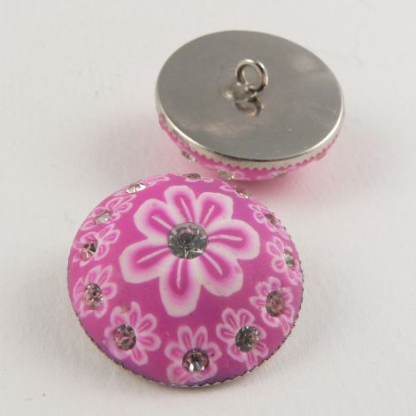21mm Flowery Pink Domed Hand Painted Polymer Clay Shank Button