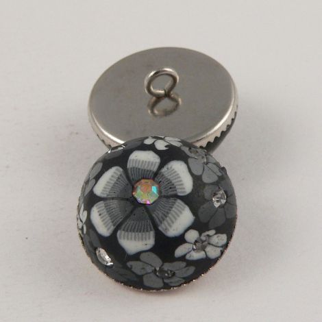 17mm Grey Floral Domed Hand Painted Polymer Clay Shank Button