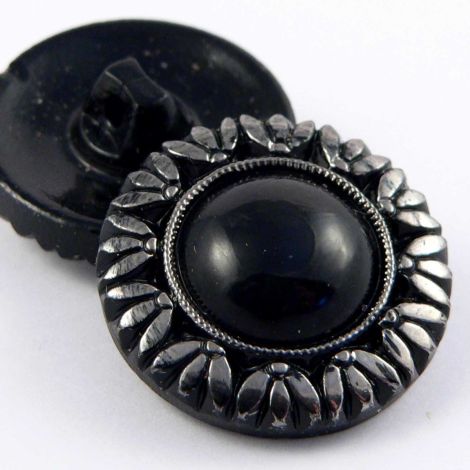 13mm Black & Silver Floral Rim Domed Glass Shank Button