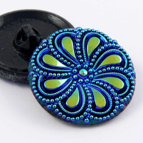 13mm Blue Iridescent Vintage Style Floral Glass Shank Button