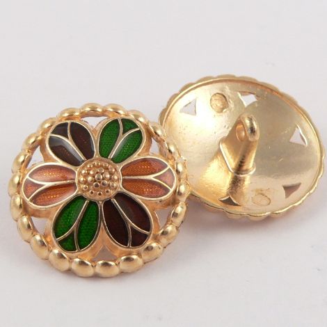 15mm Metal Gold and Orange & Green Flower Shank Button