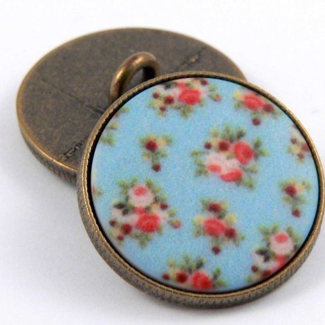 20mm Blue Floral Epoxy Insert Brass Metal Shank button