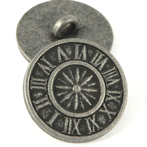 15mm Old Silver Metal Roman Numeral Sun Dial Shank Button