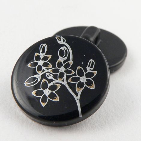 22mm Black Shank Sewing Button With A Silver And Gold Floral Design