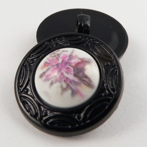25mm Floral Lilac Shank Coat Button Encased In A Black Rim