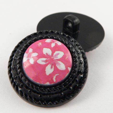 25mm Floral Pink Shank Coat Button Encased In A Black Rim