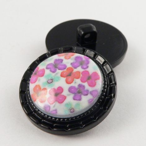 25mm Multicoloured Floral Shank Coat Button Encased In A Black Rim