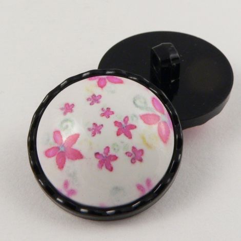 25mm Dainty Floral Shank Coat Button Encased In A Black Rim