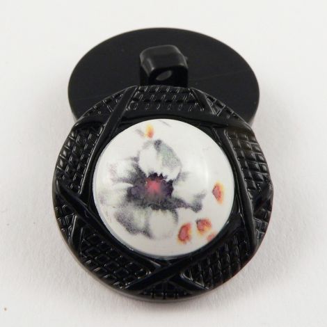 27mm Orange Floral Shank Coat Button Encased In A Black Rim
