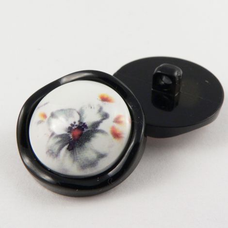 25mm Grey Floral Shank Coat Button Encased In A Black Rim