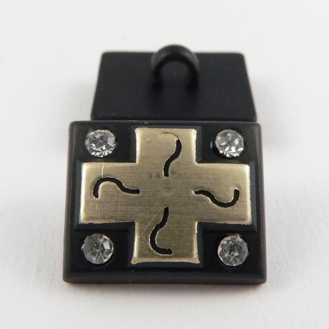 19mm Black/Gold/Diamante Ornate Rectangular Shank Button