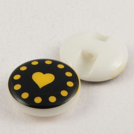 14mm Round Yellow/Black Heart Shank Button