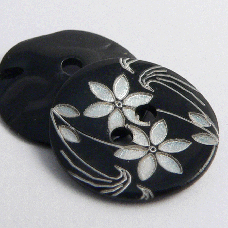 15mm Black & Silver Floral Agoya Shell 2 Hole Button