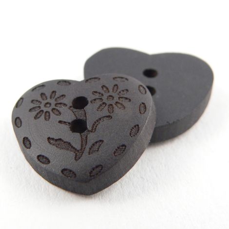 17mm Heart 2 Hole Dark Wooden Button With Flowers