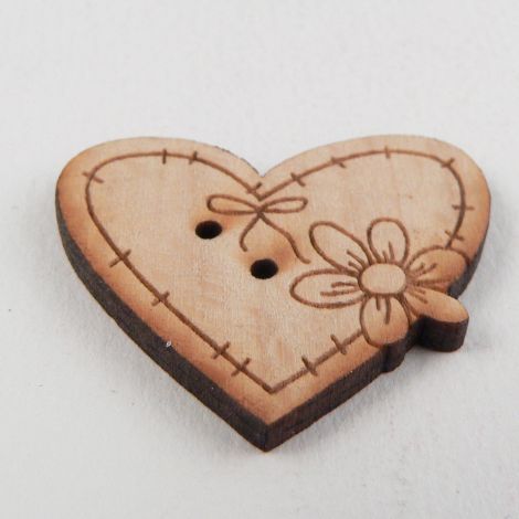 30mm Wooden Heart With Flower 2 Hole Button