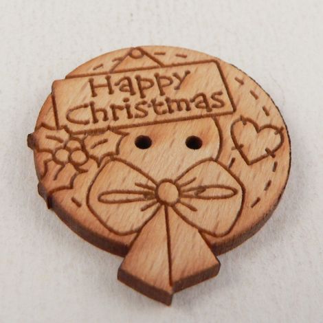 26mm Wooden Happy Christmas Bauble 2 Hole Button