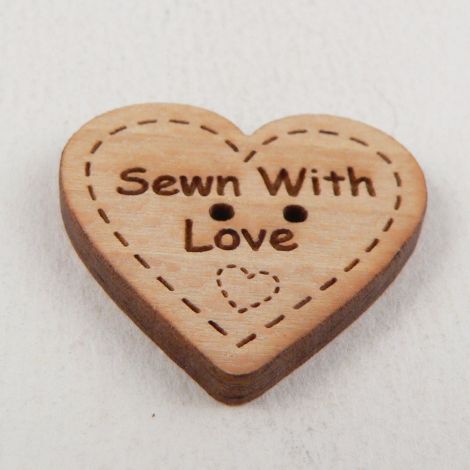 24mm 2 Hole Wooden Heart 'Sewn With Love' Button
