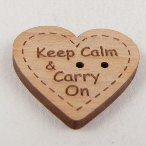 24mm Wooden ''Keep Calm, Carry On'' Novelty Heart  2 Hole Button