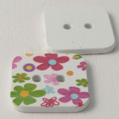 23mm Square Painted Floral 2 Hole Wood Button