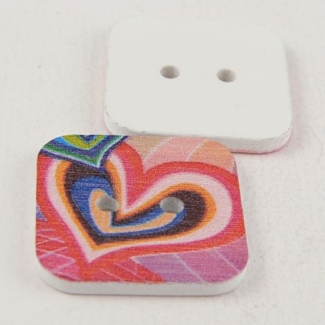 23mm Square Painted Retro Love Hearts 2 Hole Wood Button