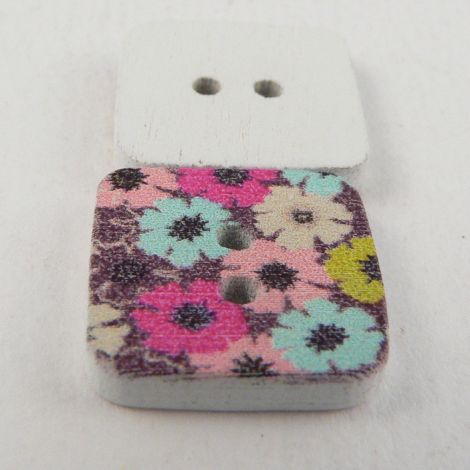 15mm Painted Square Retro Floral  Novelty 2 Hole Wood Button