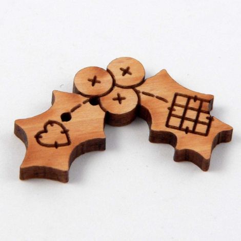 31mm Holly and Berries Wood 2 Hole Button