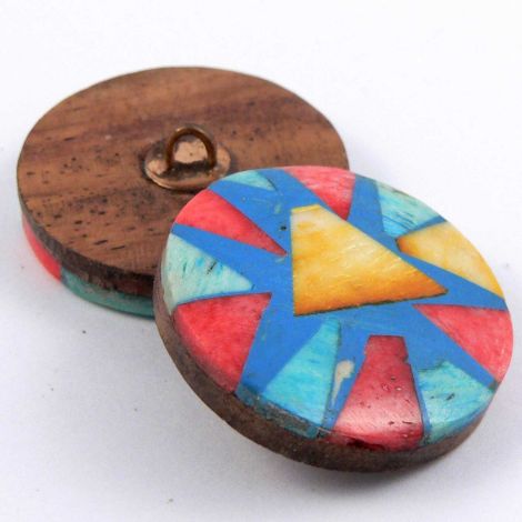 25mm Turquoise Yellow & Red Bone Chip Round Shank Button