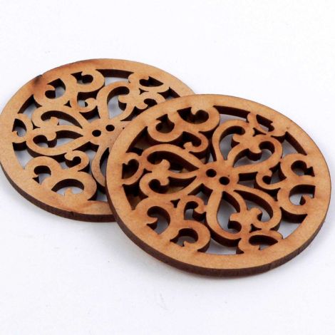 50mm Round Ornate Laser Cut Wood 2 Hole Button