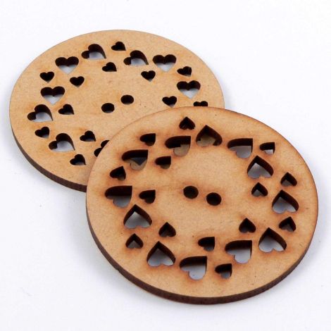 50mm Round Hearts Laser Cut Wood 2 Hole Button